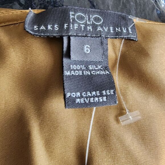 New Folio Saks Fifth Avenue Gold Silk Wrap Blouse 6 - Picture 6 of 9